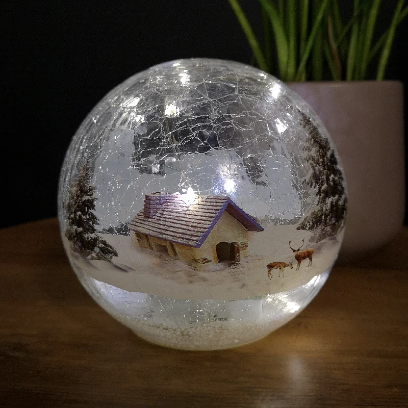 15cm Festive Christmas Crackle Effect Glass Lodge Scene LED Light Ball