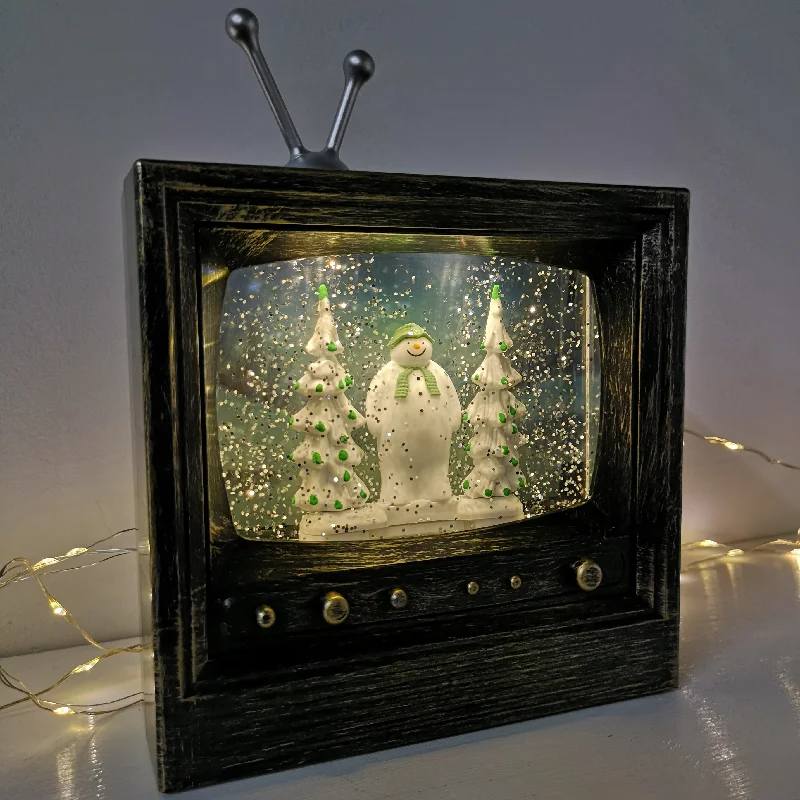 21cm Snowtime Musical Dual Power LED Christmas Glitter Water Spinner Retro TV The Snowman & The Snow dog™ Scene