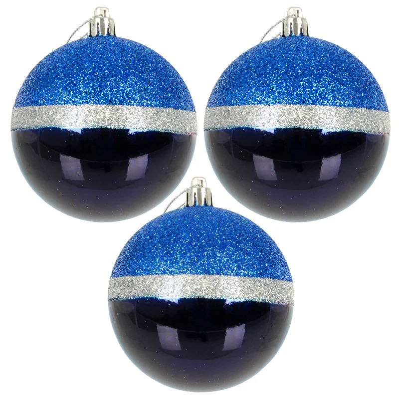 3pk Large Round Christmas Tree Baubles 8cm Navy Silver