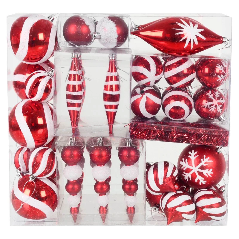 52pc Christmas Tree Baubles Set Mixed Design Red White