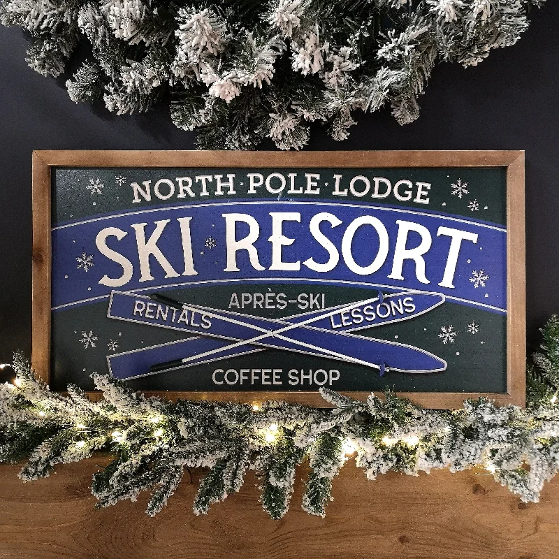 63cm Wooden Blue and Green North Pole Lodge Ski Resort Sign Christmas Decoration