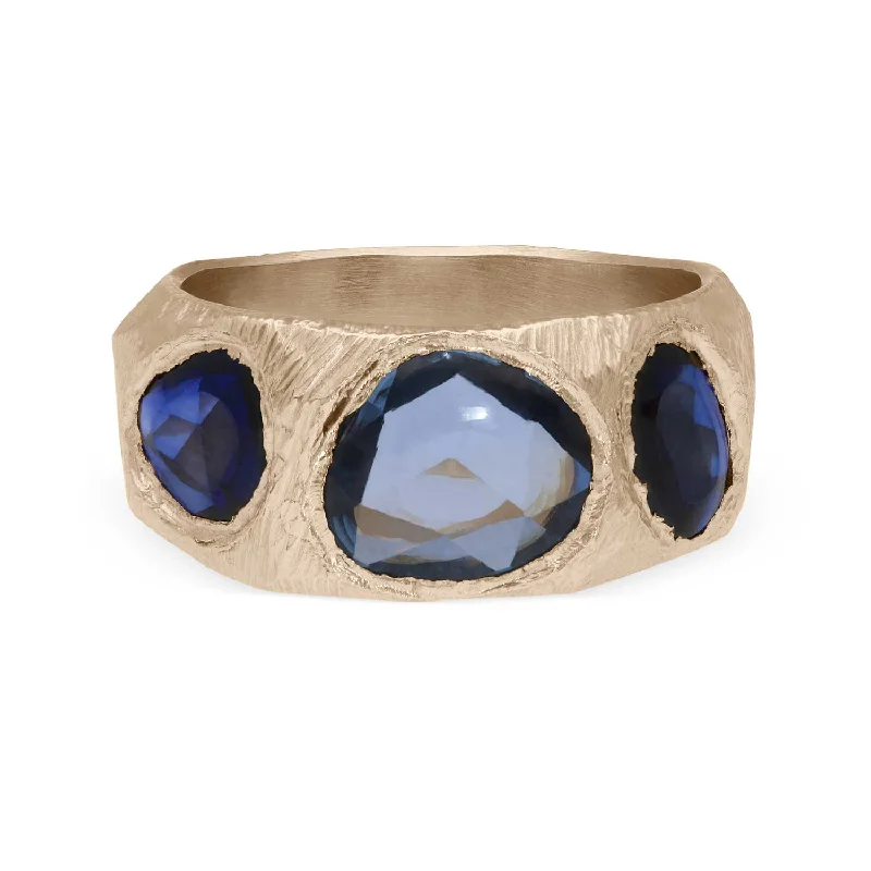 CARVED Gold Ring with 3 Blue Sapphires