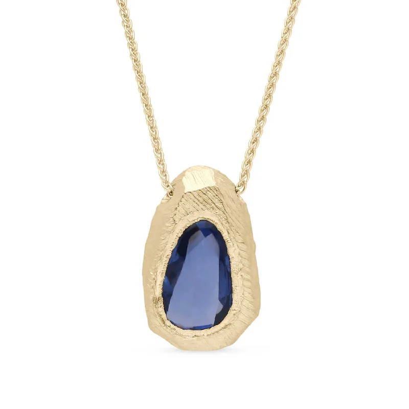 CARVED Pendant Necklace Gold with Rose Cut Blue Sapphire