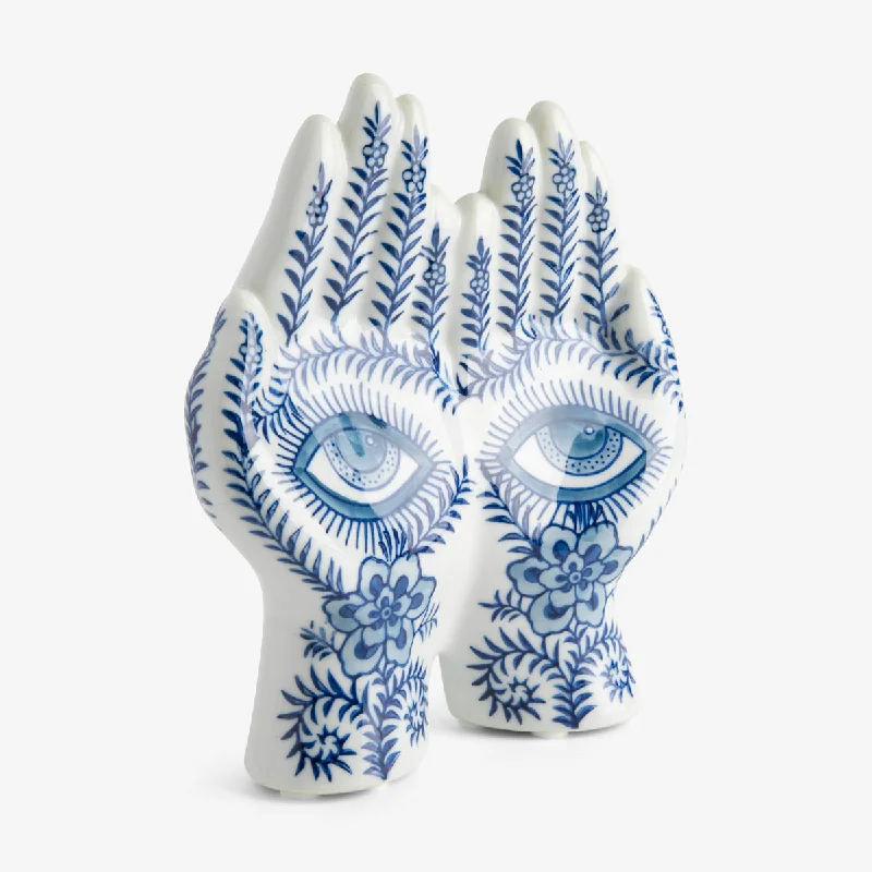 Ceramic Hands Sculpture Hamsa Hand of Fatima Blue & White