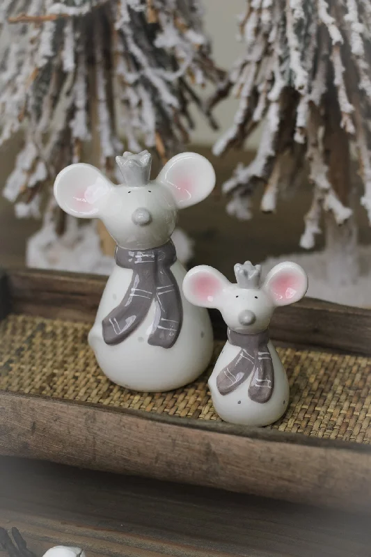 Ceramic Winter Mice with Crowns | Set of 2