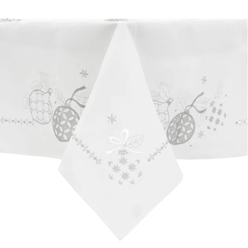 Christmas Baubles Tablecloths Napkins Fabric White Red