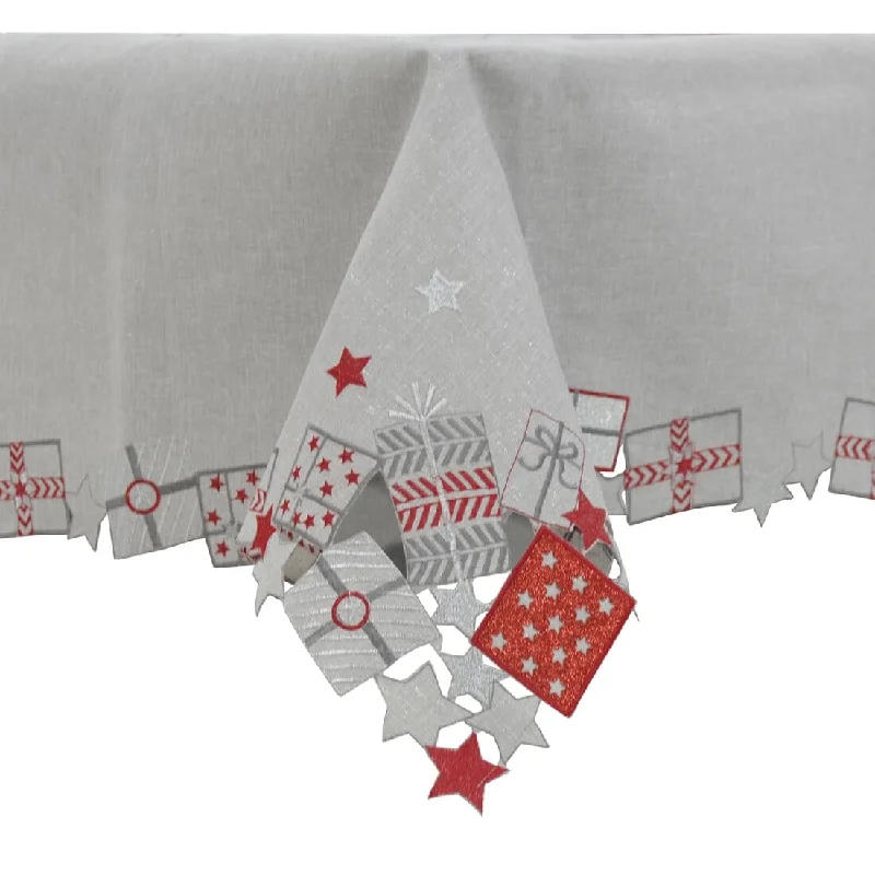 Christmas Presents Tablecloths Napkins Grey Fabric Embroidery