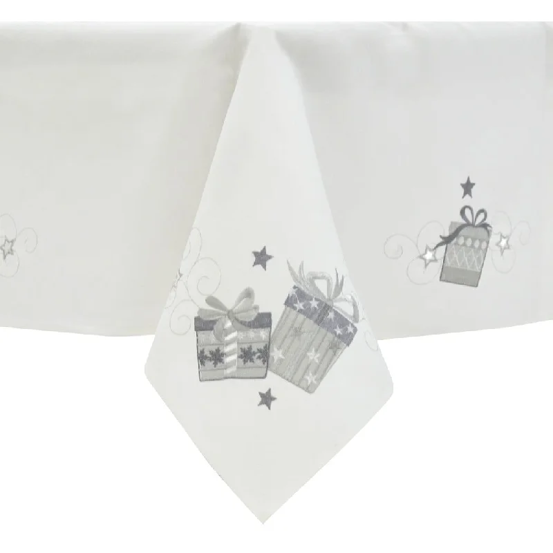 Christmas Presents Tablecloths Napkins White Fabric Embroidery