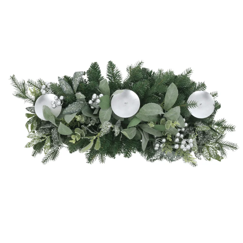 Christmas Table Centrepiece Silver Berries Green 3 Candle Holders