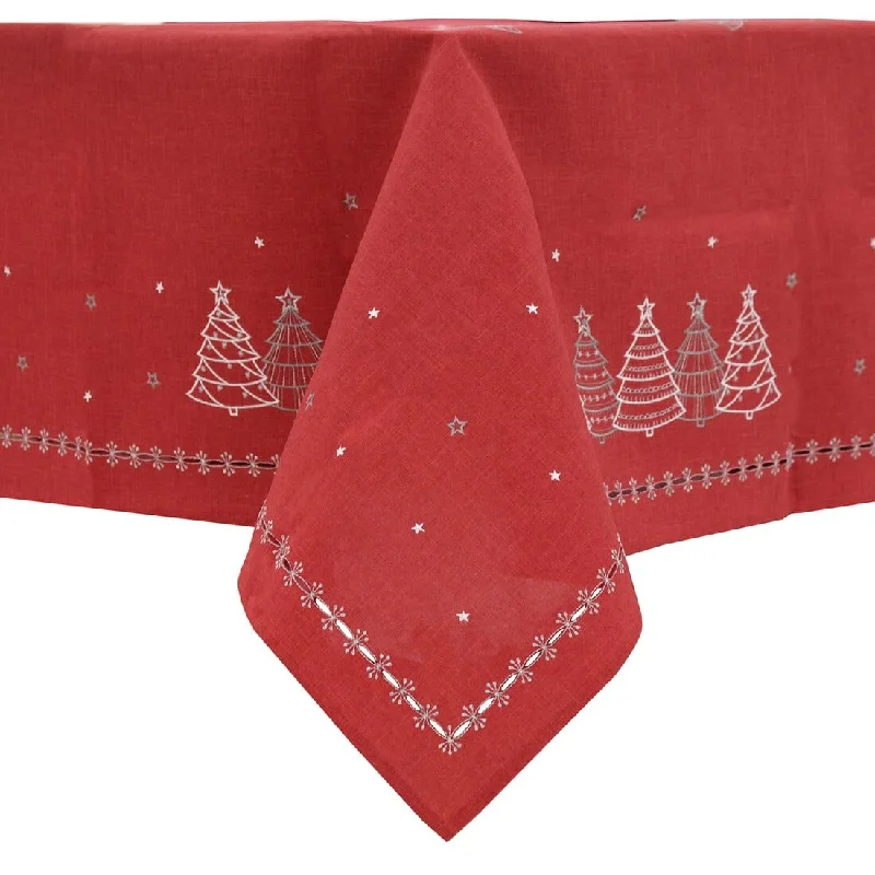 Christmas Tree Embroidered Tablecloths Napkins Fabric Red