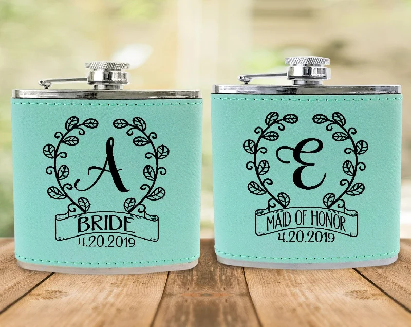 Classy Single Monogram Personalized Birthday Flask Gift Teal or Pink Engraved Womens Present from Husband Wife Anniversary Idea Team Bride