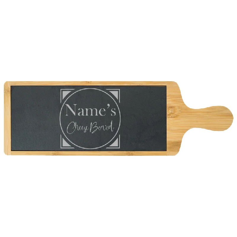 Engraved Bamboo and Slate Cheeseboard with Name's Cheeseboard with Circle Design