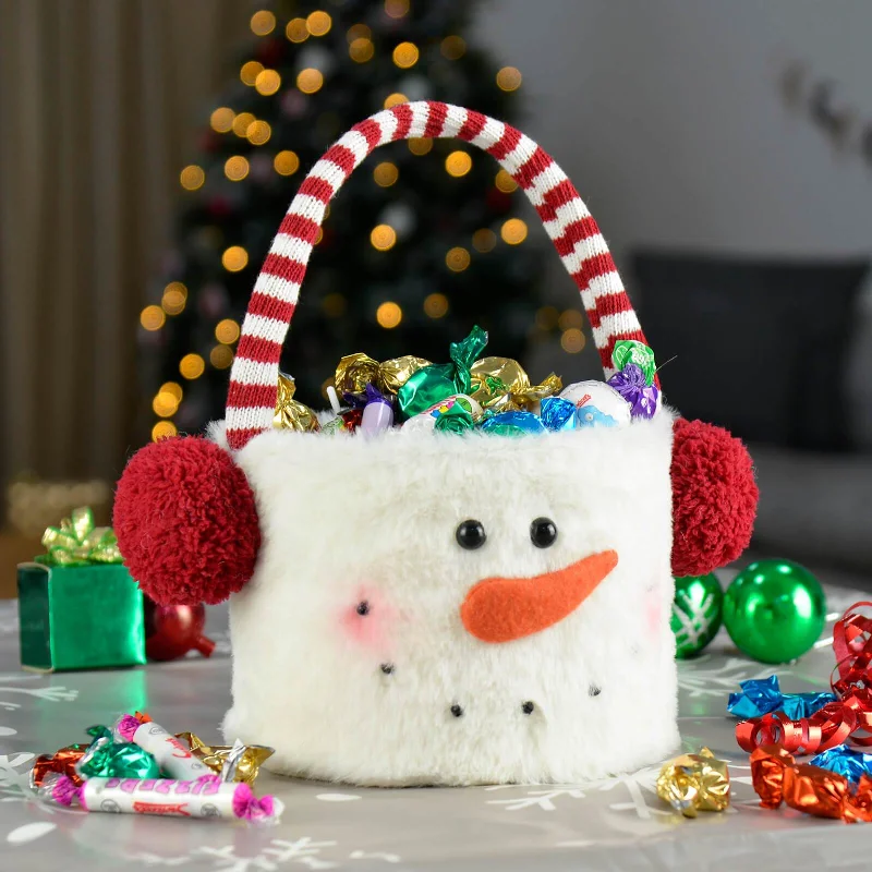 Fabric Christmas Treats Bucket Fleece Snowman Santa 26cm