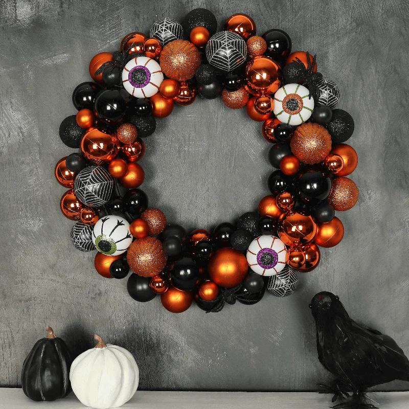 Halloween Wreath Orange Black Baubles Eyeballs Spider 40cm