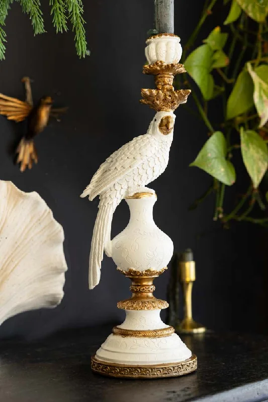 Large White Ornate Parrot Candlestick Holder