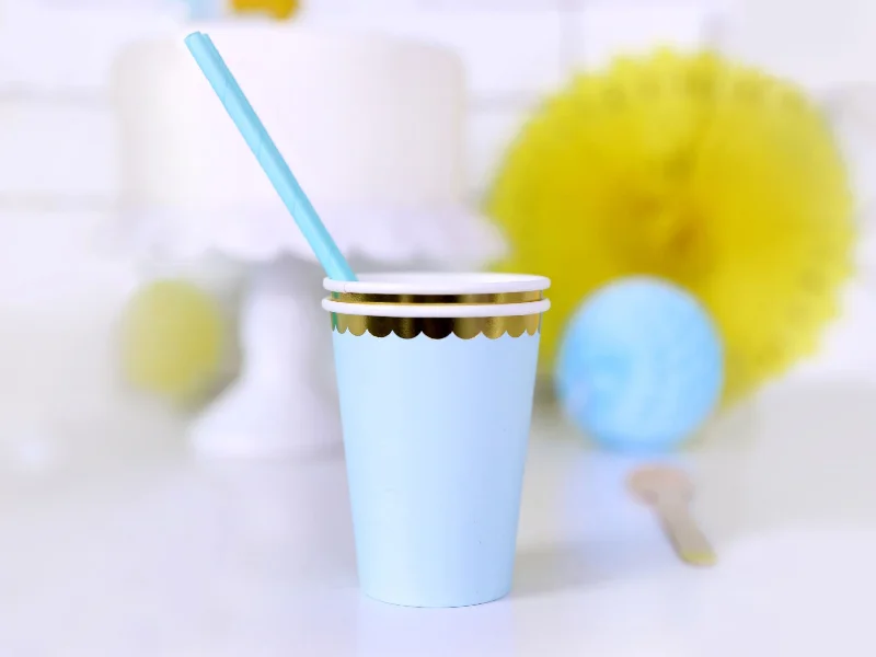 Light Blue and Gold Trim Paper Cups Pk of 6