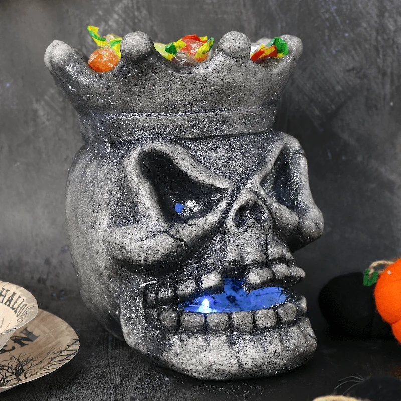 Light Up Skull Crown Candy Holder Halloween Decoration Grey 24cm