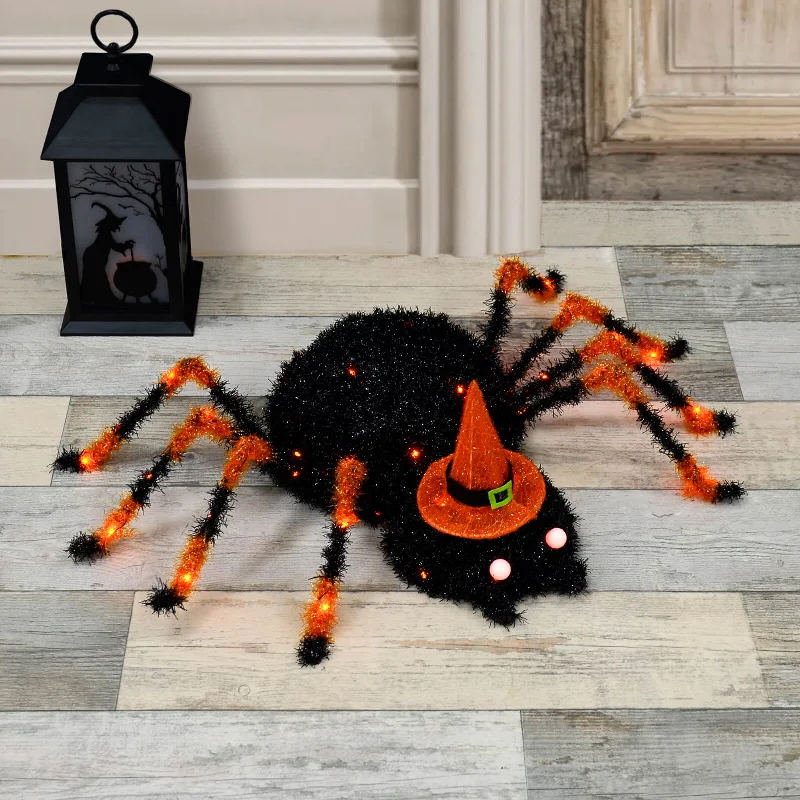 Light Up Spider With Hat Decoration Black Tinsel Orange LED 50cm