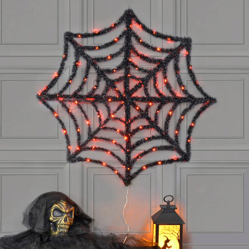 Light Up Spiders Web Black Tinsel Orange LED Decoration 80cm