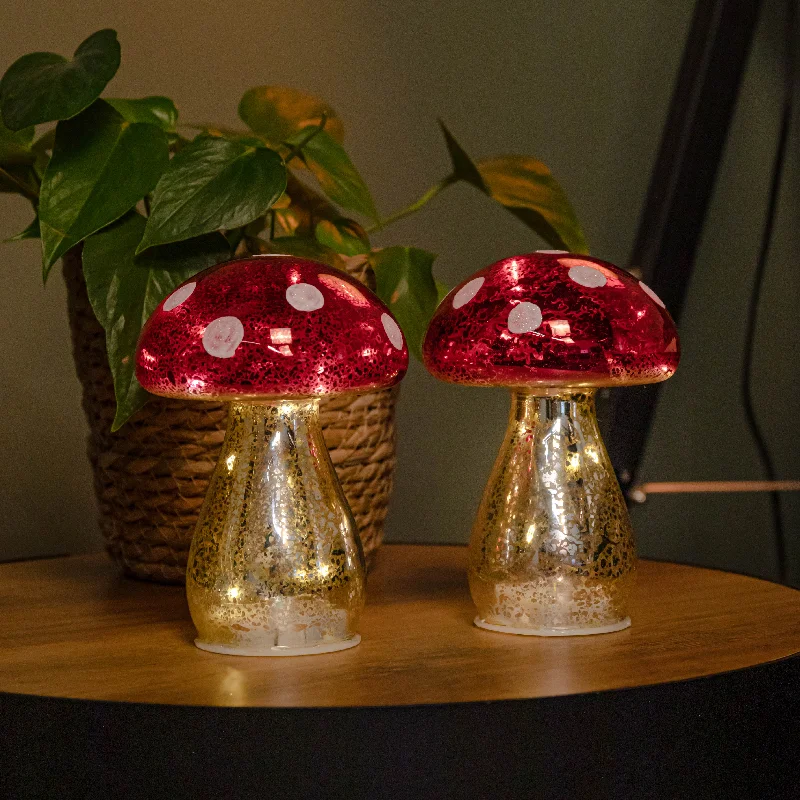 Pair of 16cm Battery Light up Christmas Mushroom Decoration with Warm White LEDs