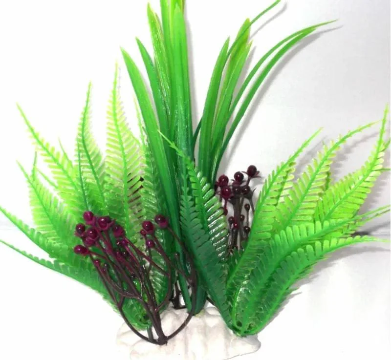 Plastic Green Fern and Purple Flowers Aquarium Ornament Decoration