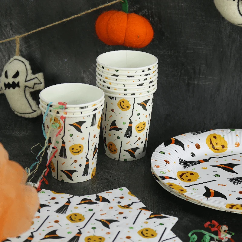 Pumpkin Witch Hat Table Decor Party Paper Cups Plates Napkins