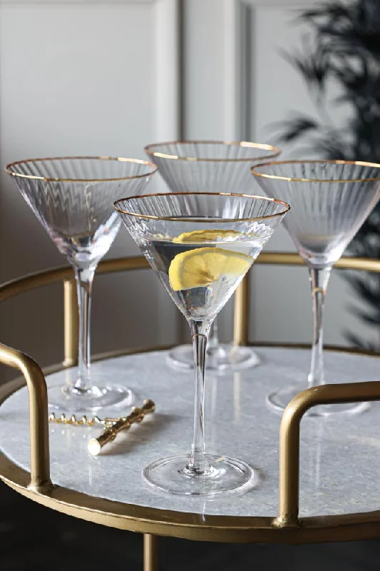 Set Of 4 Ribbed Martini Glasses With Gold Rim