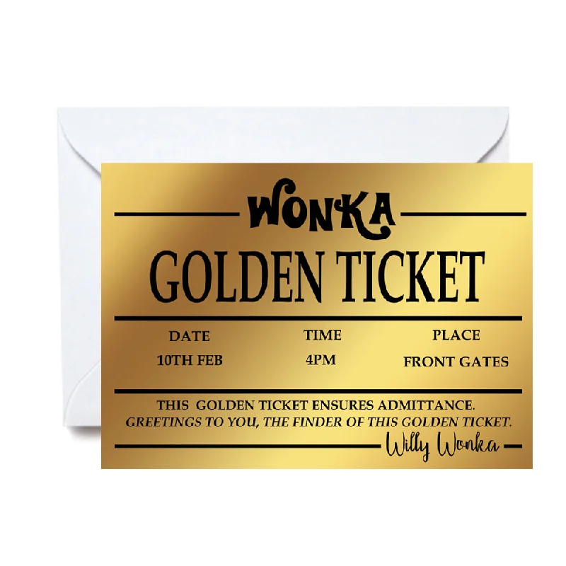 Willy Wonka Golden Ticket Personalised Invitations - Pack of 16